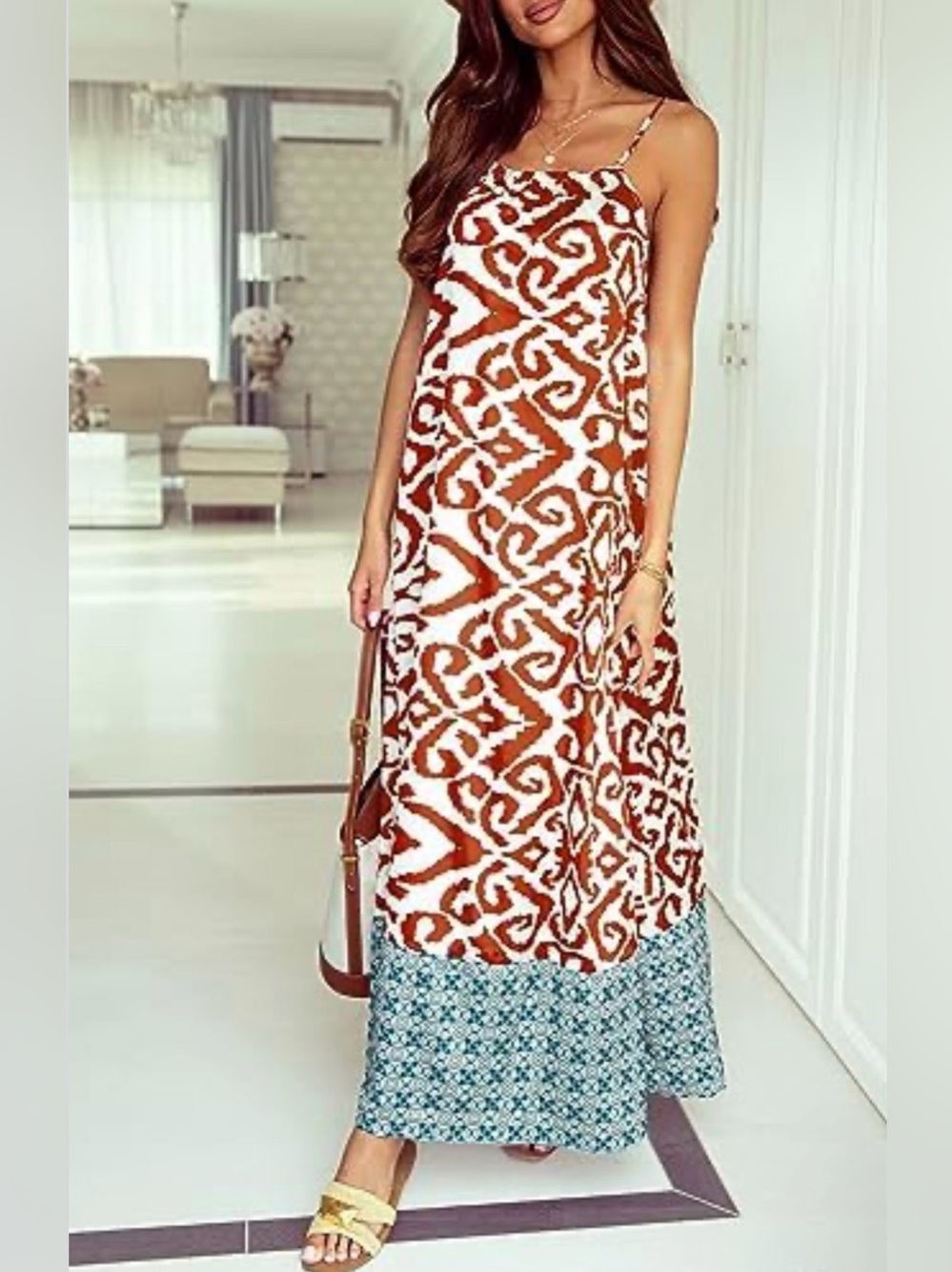 CUPSHE Brown & White Printed Maxi Dress with Blue Hem